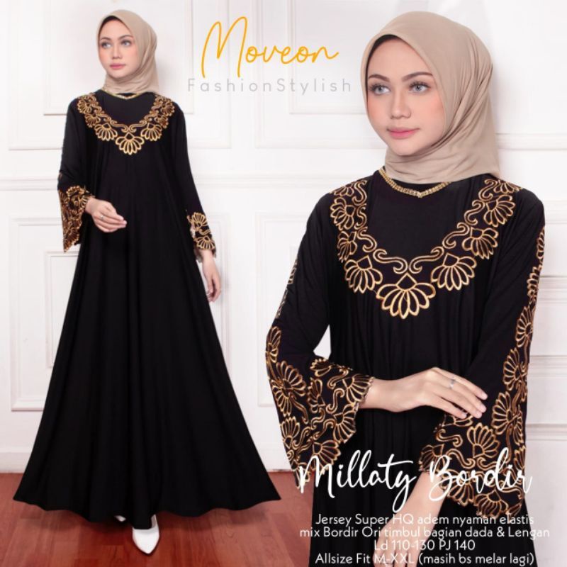 GAMIS WANITA ARABIAN BORDIR JERSEY JUMBO ABAYA TERBARU 2022 MILLATY DRESS BY MOVEON LD 110 MELAR 125
