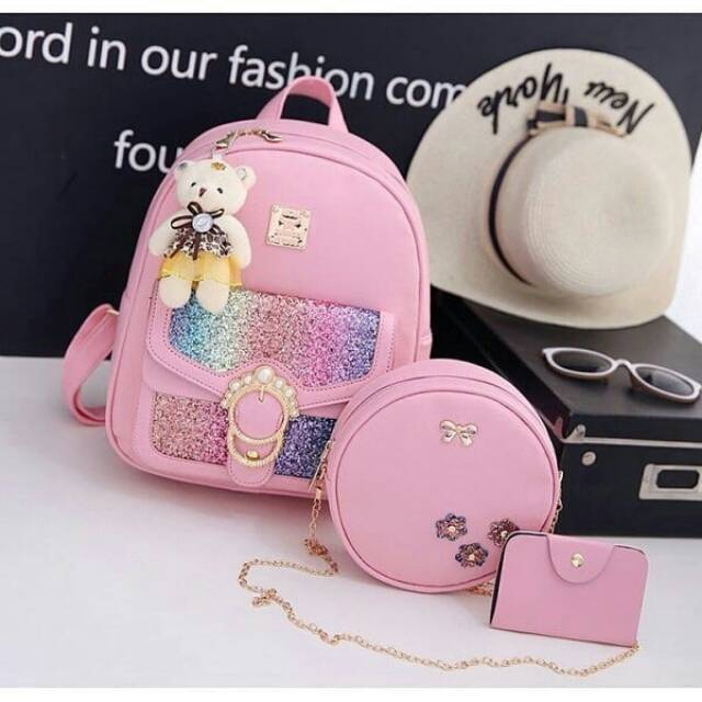 Tas Import Wanita Tas Murah Tas Batam ID 10716 pink 3in1