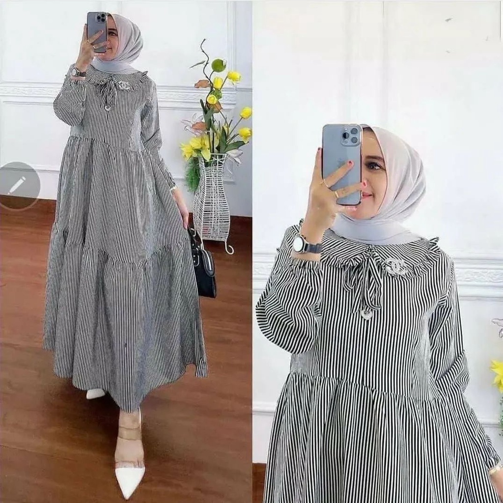 NIQABIS Gamis Wanita Tari Maxy 058 Motif Garis Garis Dress Panjang Cewek Gamis Perempuan Murah Dress Hijaber