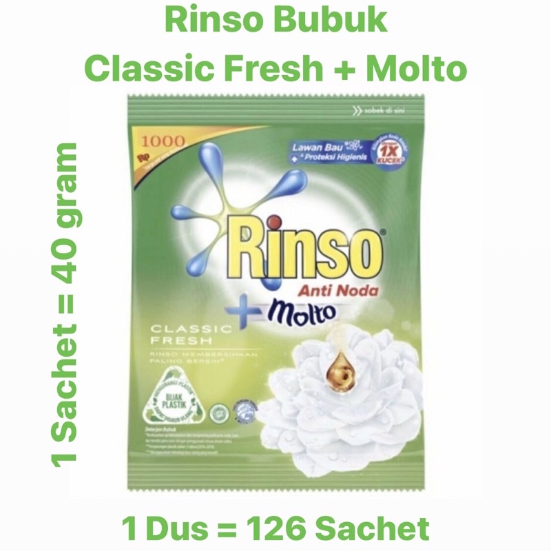 Rinso Classic Fresh + Molto Bubuk Sachet  | 1 Dus - 126 Sachet (@40 gram) | Sabun Cuci Baju |  Deter