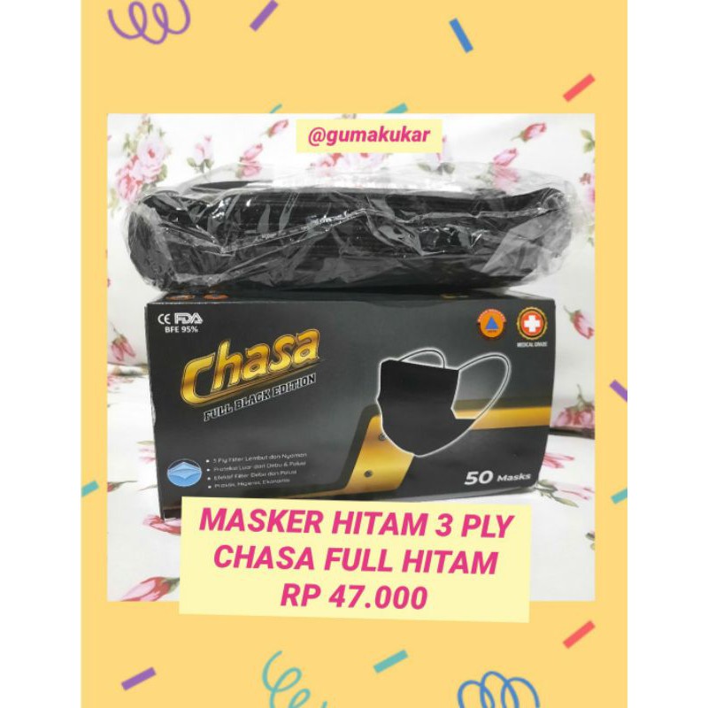 Masker Korea 3 Ply Hitam full Black chasa icare shumu emboss putih 50 pcs hijab headloop gratis