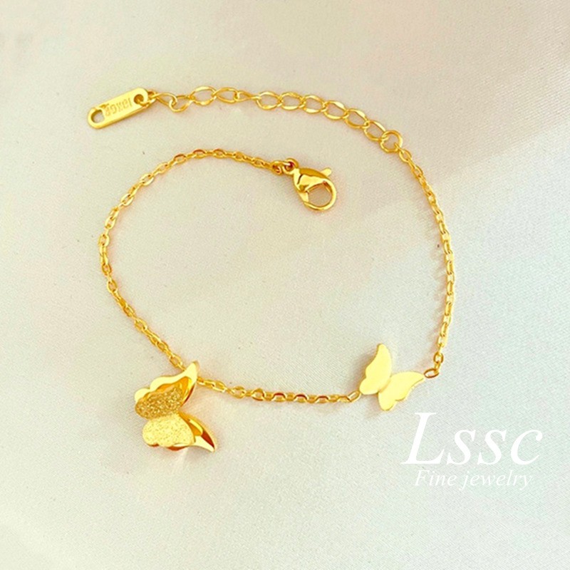 Gelang Titanium Premium Kupu-Kupu Wanita Lapis Emas 24k Anti Karat Perhiasan