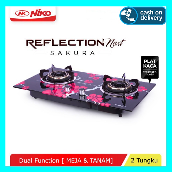 Niko Kompor Gas 2 tungku Kaca Reflection Motif Bunga Sakura ( Tempered Glass ) Bisa Tanam atau duduk