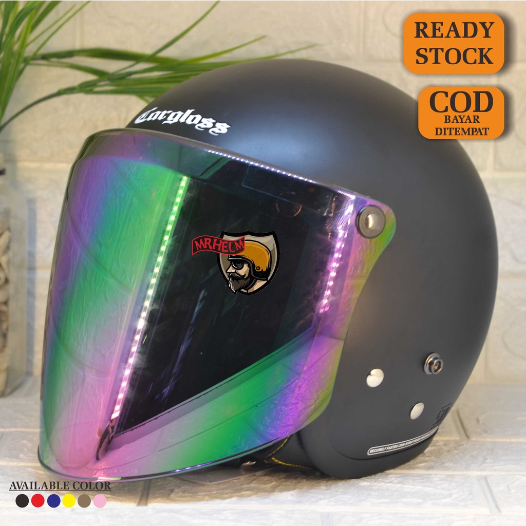 HELM CARGLOSS RETRO ORIGINAL + VISOR SNAIL FLAT RAINBOW GREEN PREMIUM QUALITY ( MR HELM )