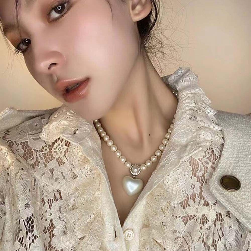 Mxbeauty Kalung Mutiara Trendy Hadiah Wanita Neckchain Choker Gaya Korea Hati Pearl Pendent