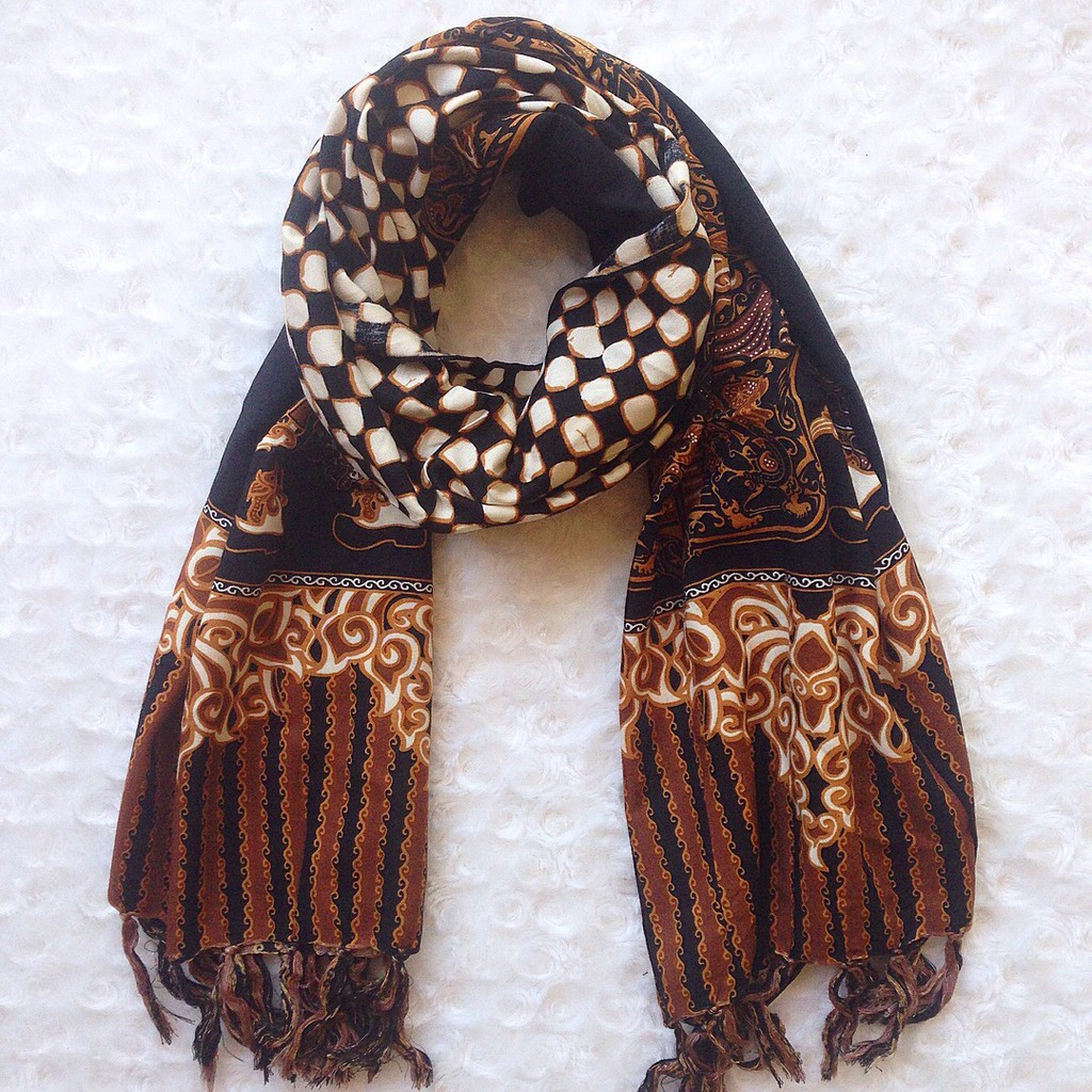 Omah Etnik Syal Scarf Batik Motif Wayang Mix Papan Catur 01-Hitam