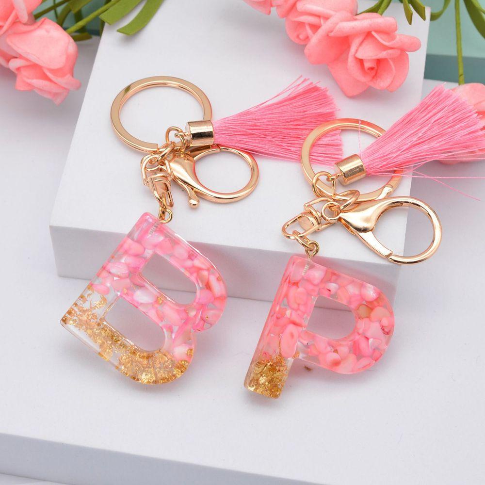 NEEDWAY 26huruf Gantungan Kunci 1PC Glitter Gradiasi Pink Jumbai Liontin Ornamen Gantungan Kunci Mobil Gantungan Kunci Alfabet