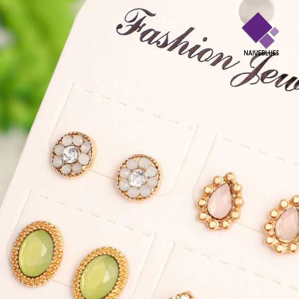 6 Pasang Anting Stud Opal Berlian Imitasi Bentuk Tetesan Air Untuk Wanita