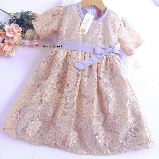 2-7 TAHUN DRESS ROK PANJANG LENGAN PENDEK LABELLA NAVI BIRU BRUKAT LUCU ANAK CASUAL COKLAT BROKAT