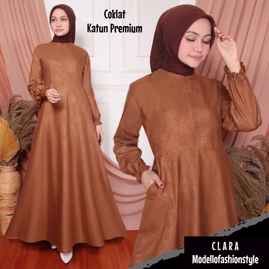 Clara - Gamis Dress L / XL Jumbo Polos Emboss Busui Bahan Katun 100% Berkualitas Warna Polos Coklat 