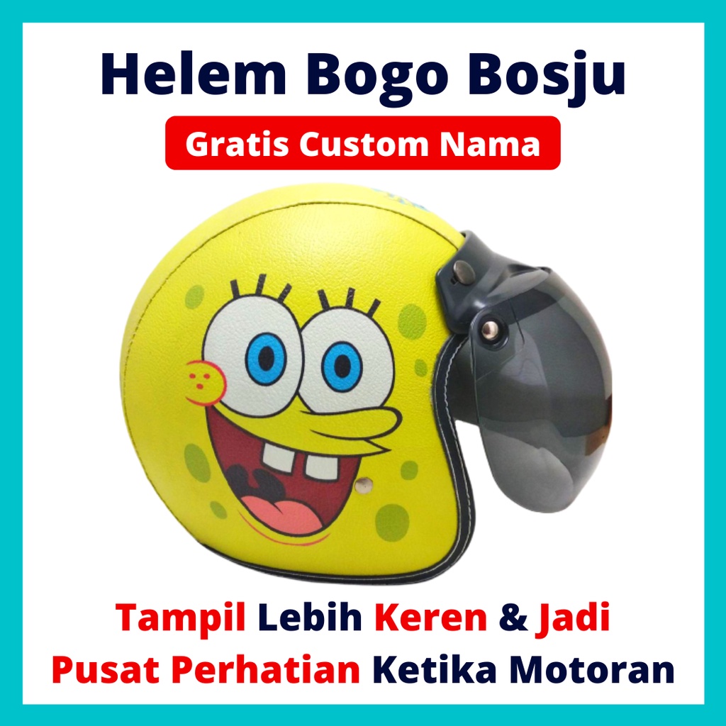 HELM BOGO RETRO KULIT WANITA DEWASA KACA DATAR KLASIK MOTIF SPONGEBOB KUNING LUCU - HELEM BOGO BOSJU