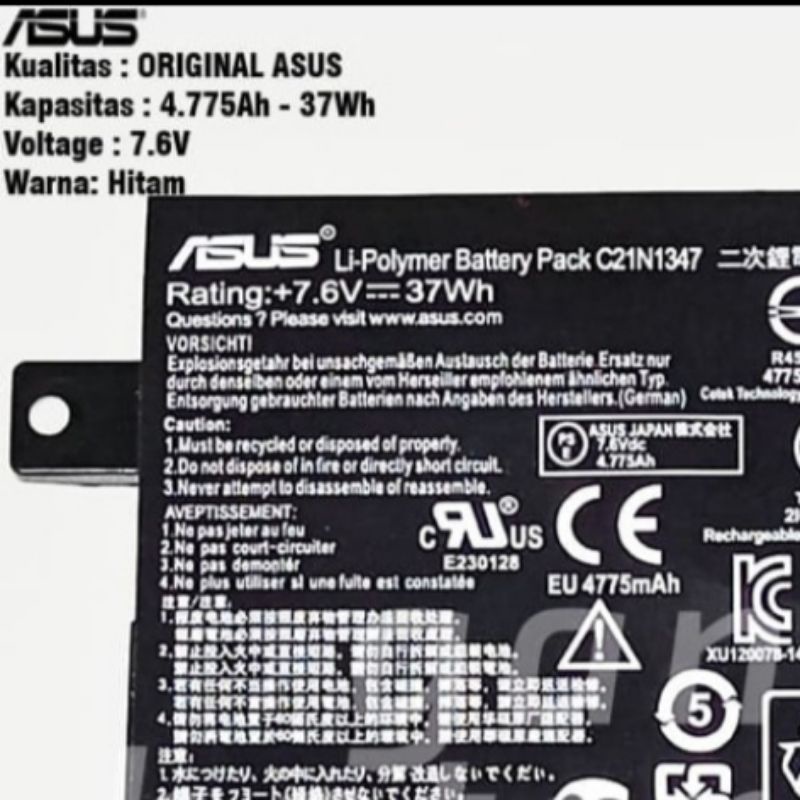 Baterai Batrai Batre Laptop Asus A455 A455L A455LD A455LF X455 X455L X455LD X455LA X454W X454Y X454YA C21N1401 C21N1409 C21N1374-C21N1374