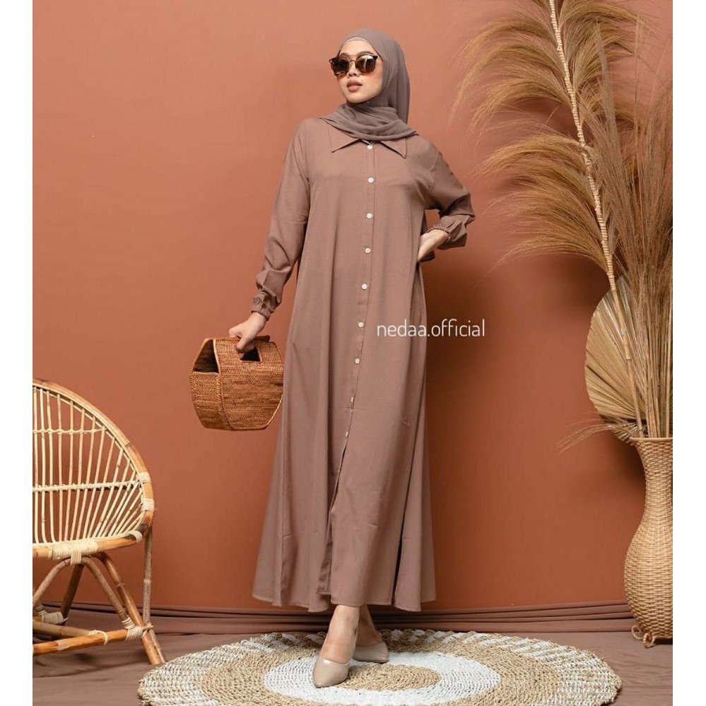 GAMIS MARINE KANCING MOSSCREPE | LONG DRESS POLOS BUSUI SERUT LENGAN ND