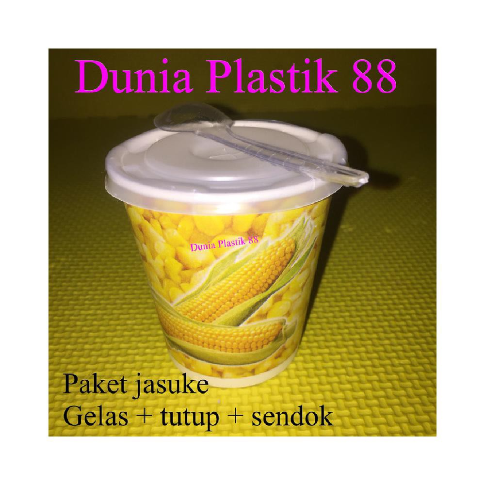 50SET PAKET JASUKE gelas kertas paper cup 6 5oz tutup sendok jagung