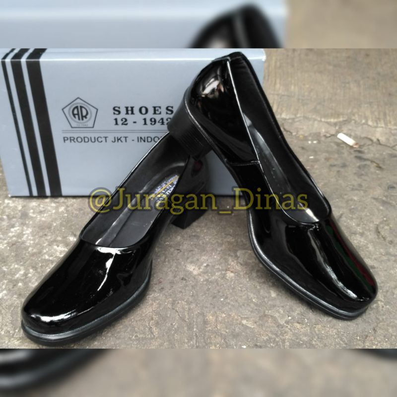 SEPATU PDH PANTOPEL WANITA 5CM HITAM GLOSY MERK AR EXCLUSIVE ORIGINAL ASLI KULIT