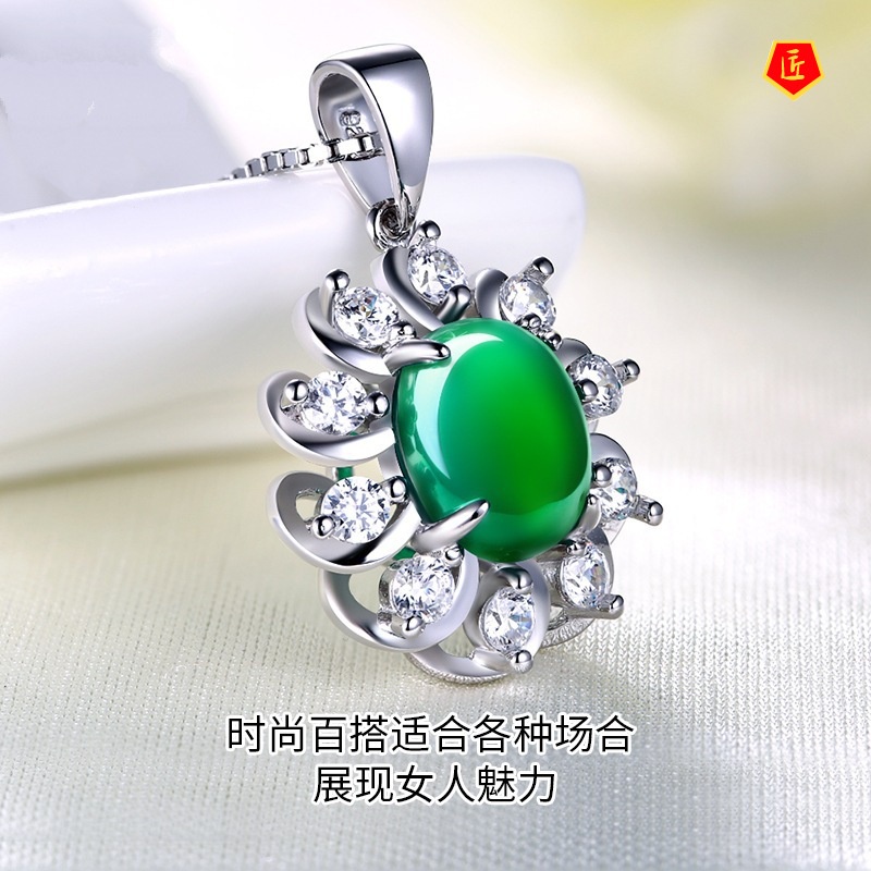 [Ready Stock]925 Silver Ladies Necklace Chalcedony Pendant Korean Fashion Elegant