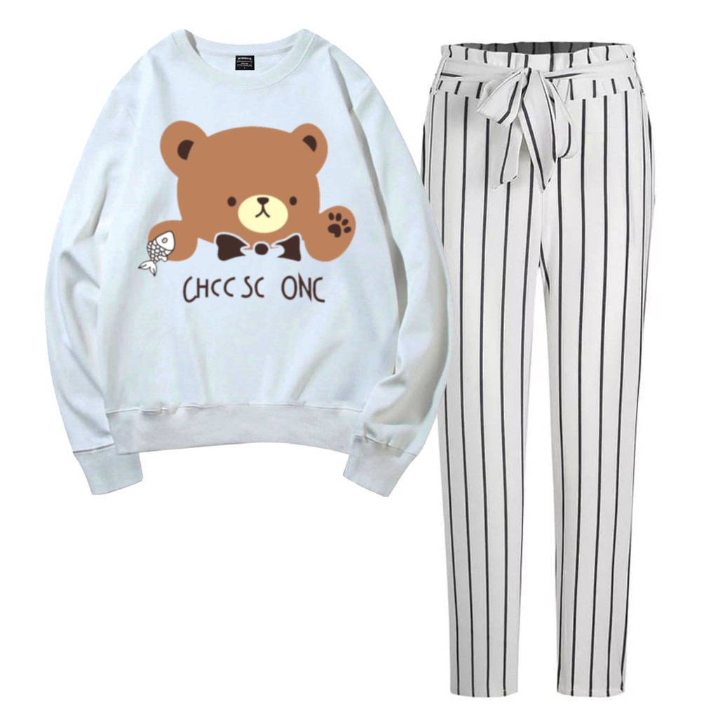 BESS - Baju Setelan Wanita Murah / Setelan Sweater + Celana Salur Putih - BEAR ONE