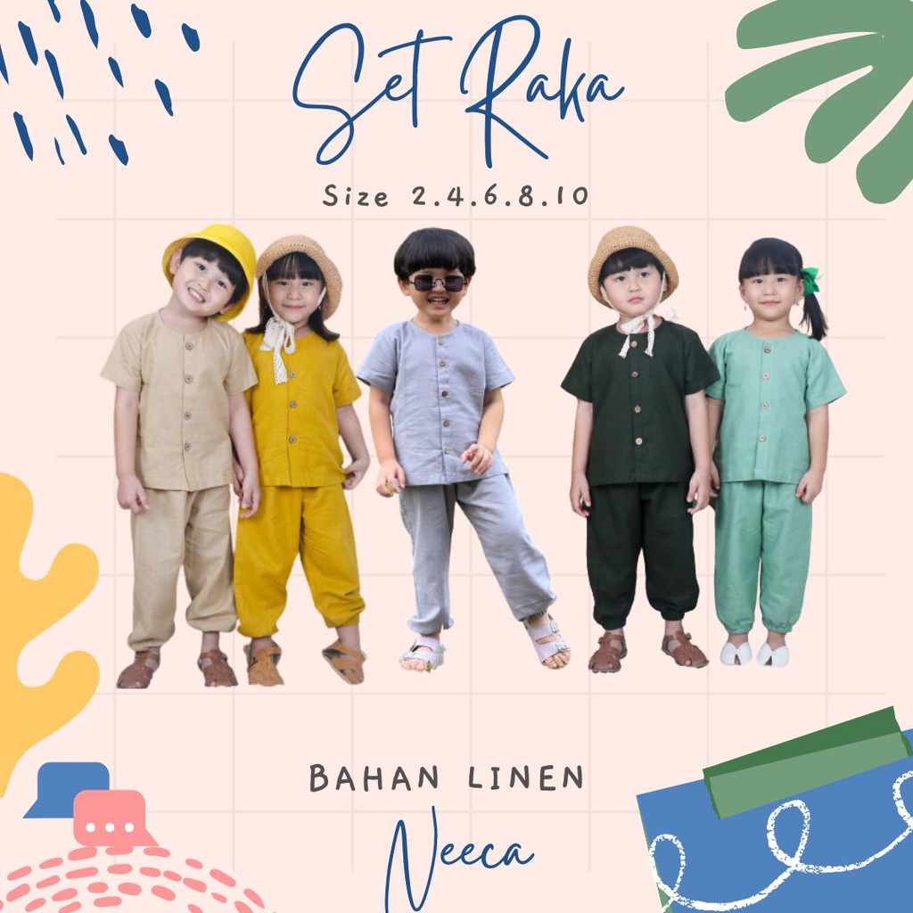 Set Raka Unisex Setelan Anak Bahan Linen Celana Joger Neeca Kiddos Size 2,4,6,8,10 Tahun