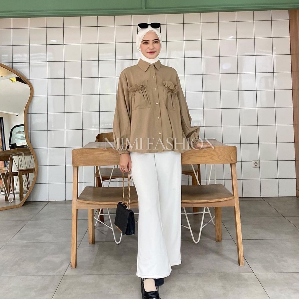 NIMI - Daily Shirt Kemeja Wanita Lengan Panjang Kekinian Crincle Linen Rami