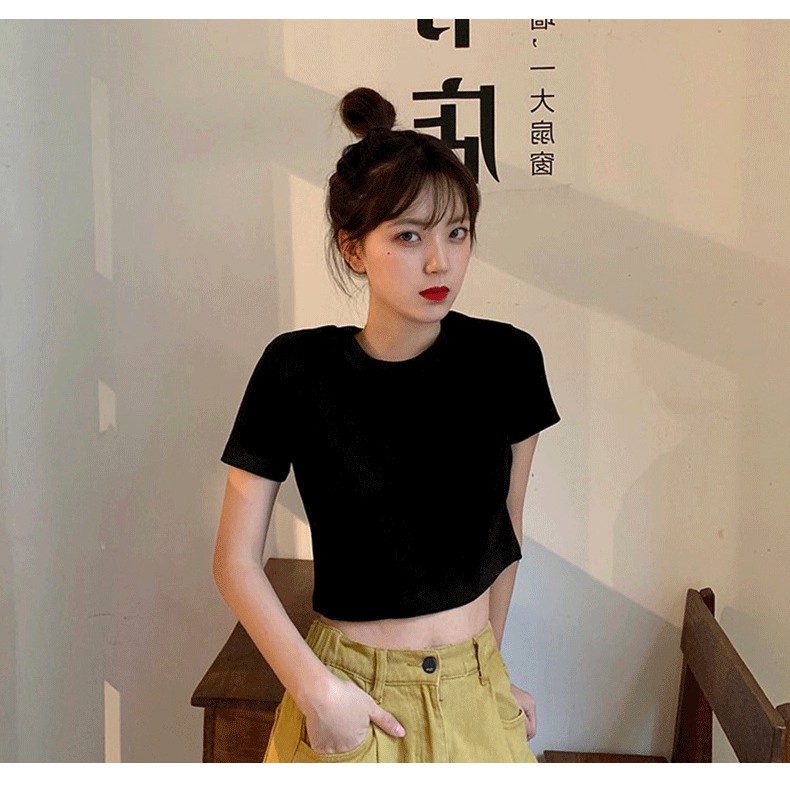 KBS-49 kaos crop top lengan pendek polos casual simple look import korea jepang