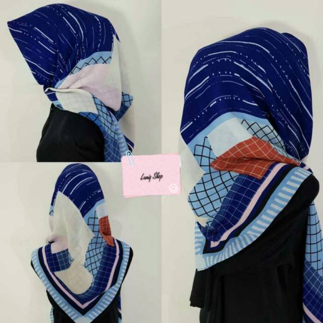 Jilbab Segiempat French Fiber Motif Biru
