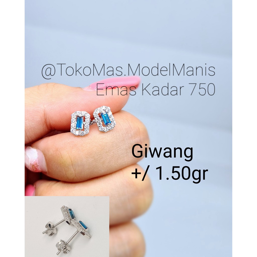 Anting cuse biru tusuk giwang new emas putih dan rosegold 750 kadar 17 K