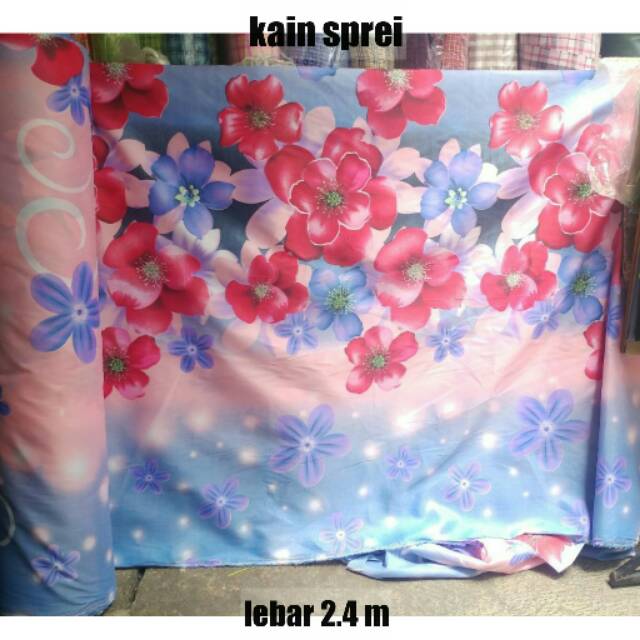 Bahan kain sprei motif bunga soft pink biru meteran gulungan murah / bahan kain sprei motif dewasa