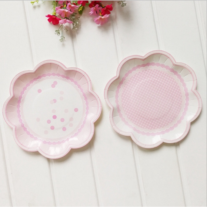 8pcs/set Pink Flower Paper Plates Wedding Decoration Birthday Party Plate Disposable Tableware Dessert