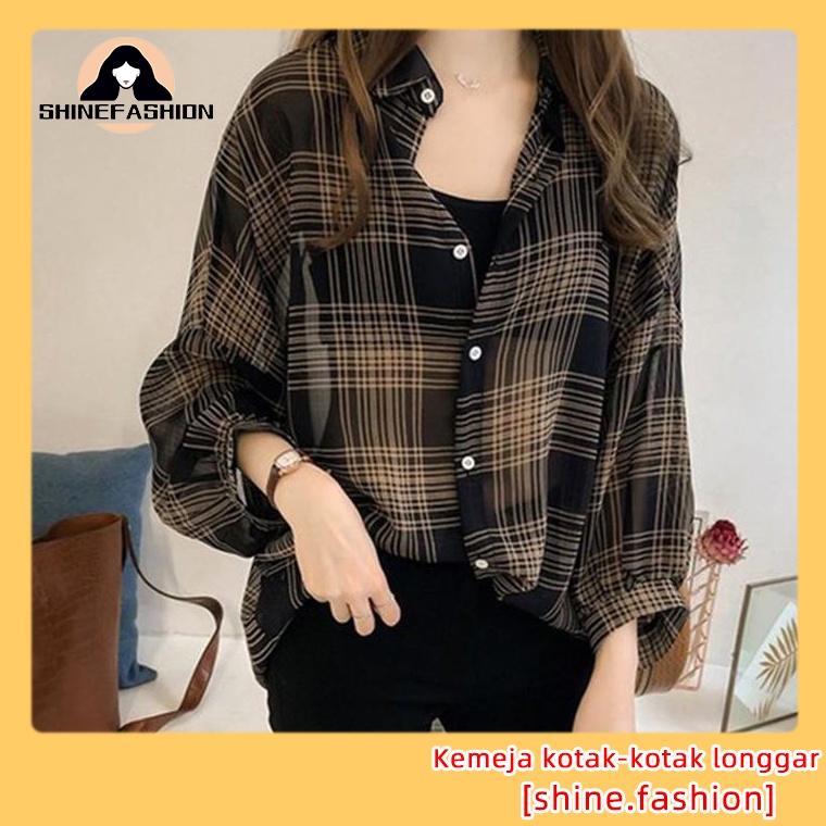 Kemeja Wanita Casual Lengan Panjang Model Longgar Motif Kotak-Kotak KoreaStyle Atasan shirt kemeja M-3XL