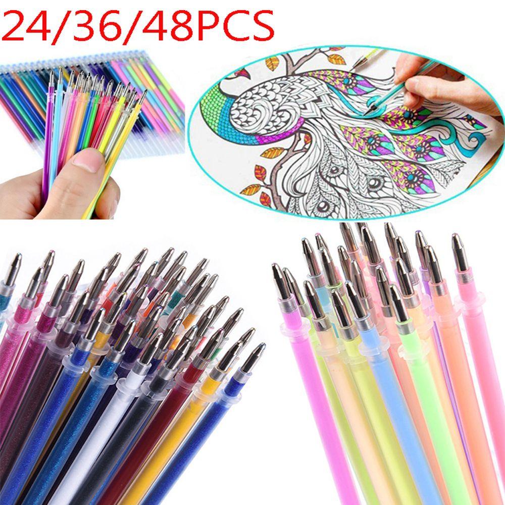 Chookyy 24/36/48PCS Isi Ulang Alat Tulis Menggambar Kuas Cat Air Perlengkapan Lukisan Glitter Pen