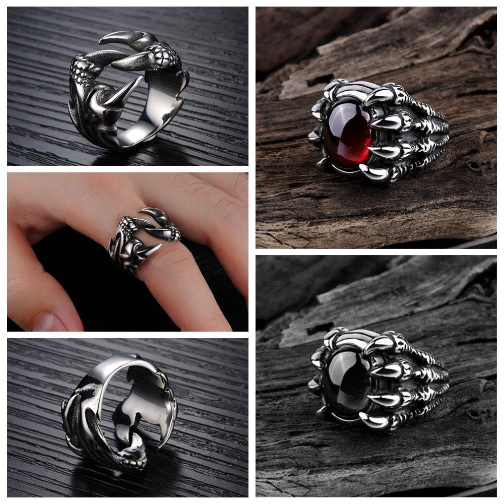 Top Naga Cakar Cincin Cakar Cincin Perhiasan Vintage Permata Merah Baja Titanium Hip Hop Gothic