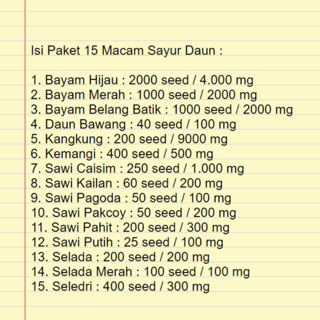 Paket Bibit Sayuran 15 Macam Benih Sayuran Pemula Sayur Daun 30 Hari Panen Murah Kangkung Bayam Sawi Daun Bawang Kol dll