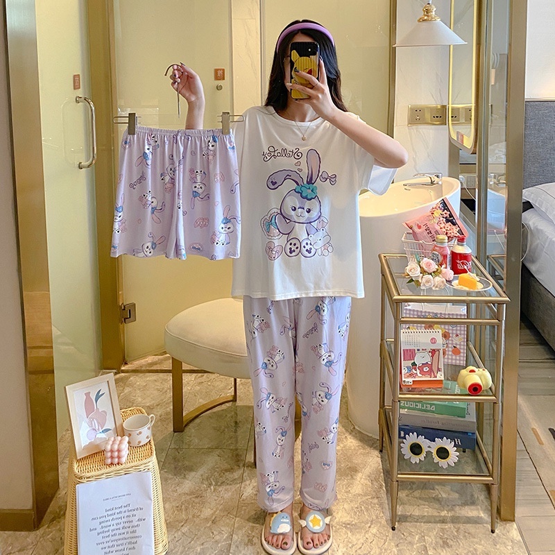 Baru set Baju Tidur Wanita Dewasa Oversize Piyama Bahan Kaos Celana Panjang & Pendek Setelan Baju Tidur 3IN1 Setelan Piyama-Stella Rabbit
