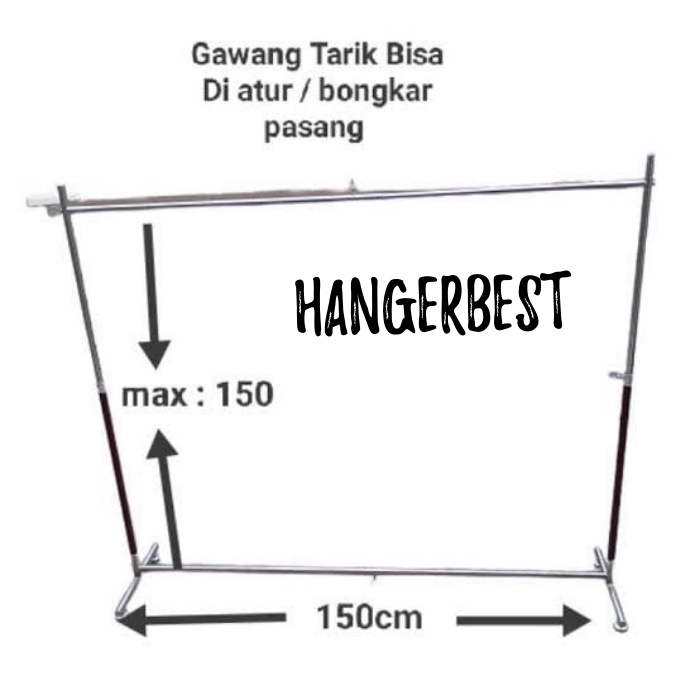 Hanger Gawang Baju Tarik Tengah Pipa Bulat Bahan Besi Chrome (Lebar +/- 150 cm x Tinggi 150cm)