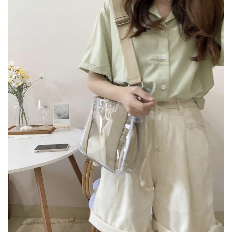 Yoori bag 유리 Khaki tas kanvas pvc transparan selempang wanita korea hampers