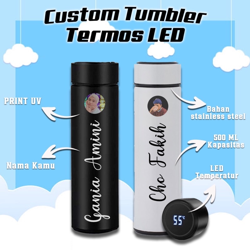 Disimurah Custom Tumbler Termos request Foto Nama Logo Cetakan Uv Print termos LED 500 Ml