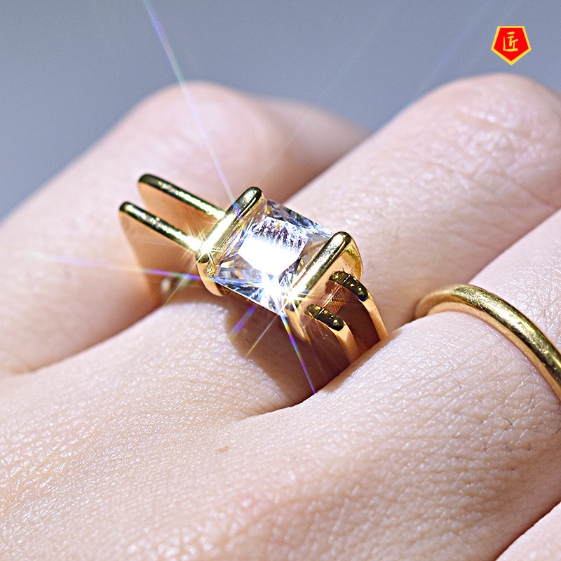 [Ready Stock]Creative Geometric Diamond Square Gold Ring