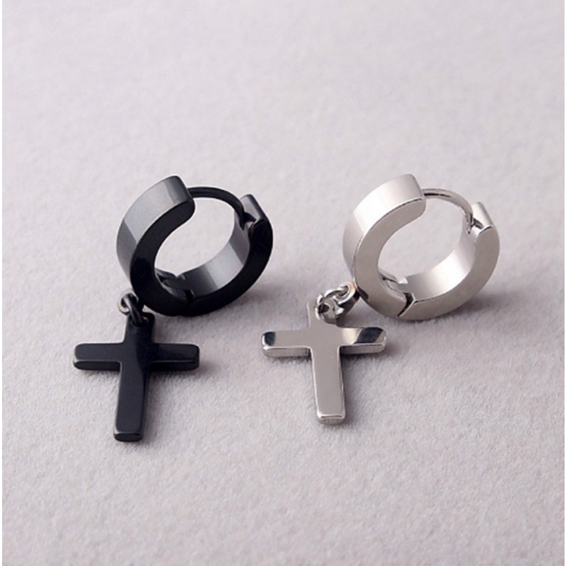 Men Punk Rock Earrings Stainless Steel Circle Round Cross Pendant Stud Earrings Hip Hop Earring Jewelry Gift