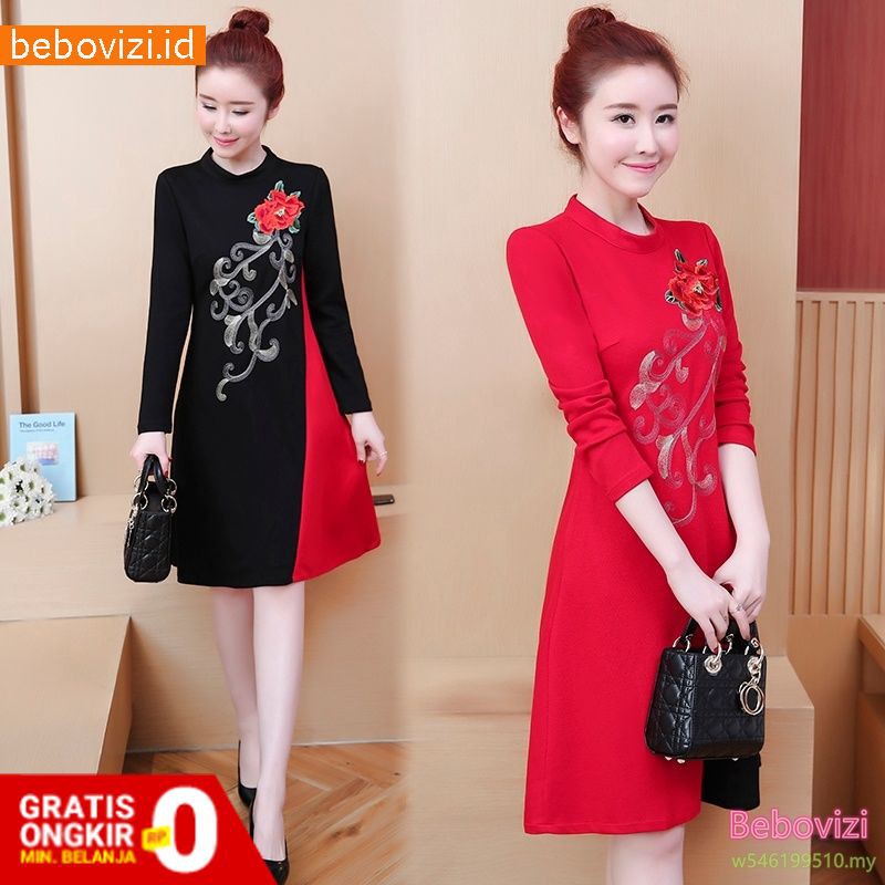 Dress Jumbo Midi Wanita Gambar Motif Bunga Dan Hiasan Perca Ukuran 5Xl Bergaya Korea Pesta