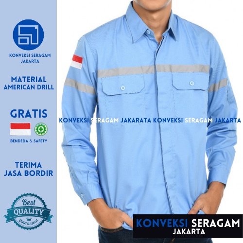 Baju Kemeja Safety K3 Lengan Panjang - Seragam Kerja Atasan Wearpack Werpack Werpak Proyek Tambang Warna Biru Telur Asin Muda Langit  Pria Wanita - Konveksi Seragam Jakarta