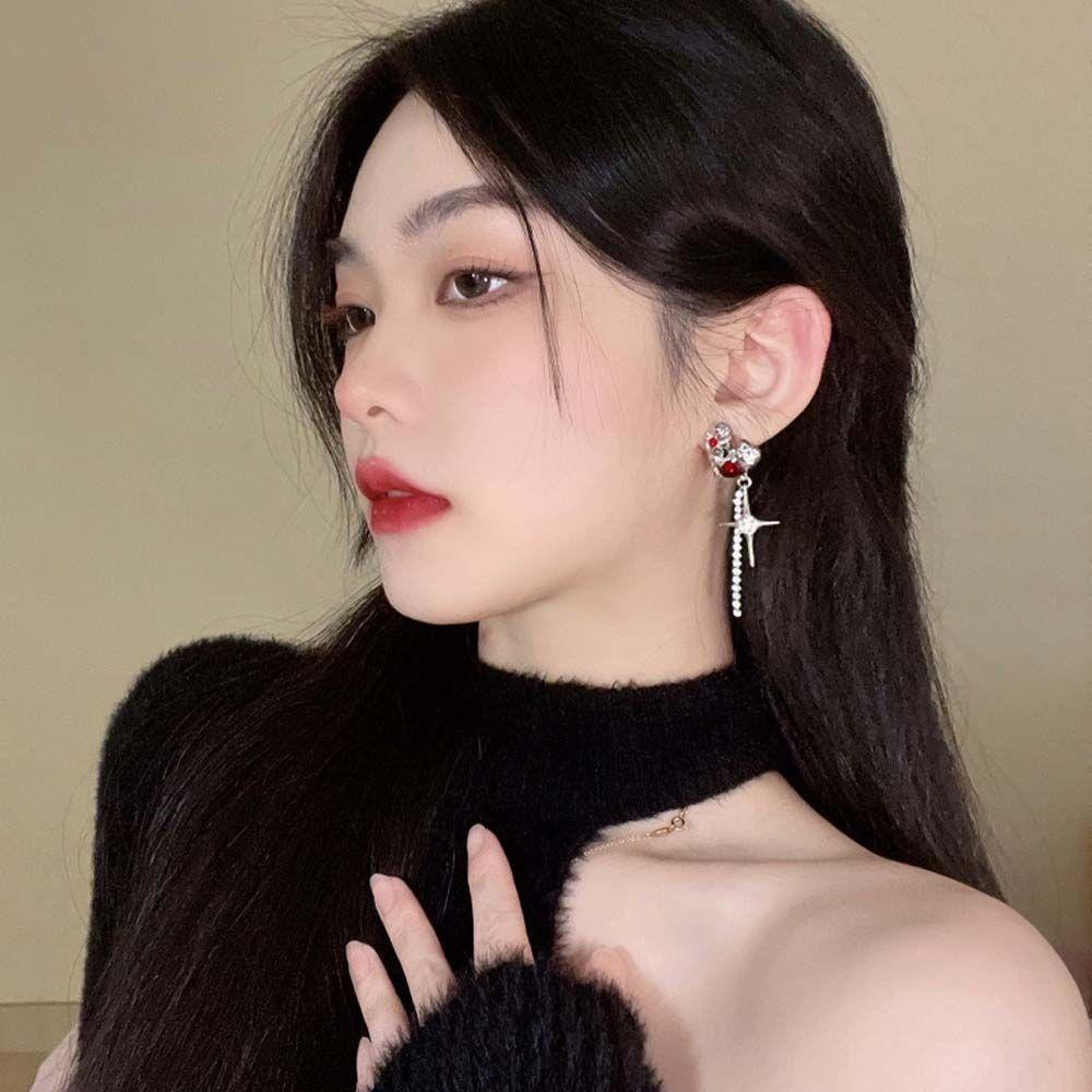 Mxbeauty Cinta Hati Anting Kepribadian Elegan Wanita Hadiah Lava Merah Berlian Imitasi Salib Menjuntai Anting-Anting