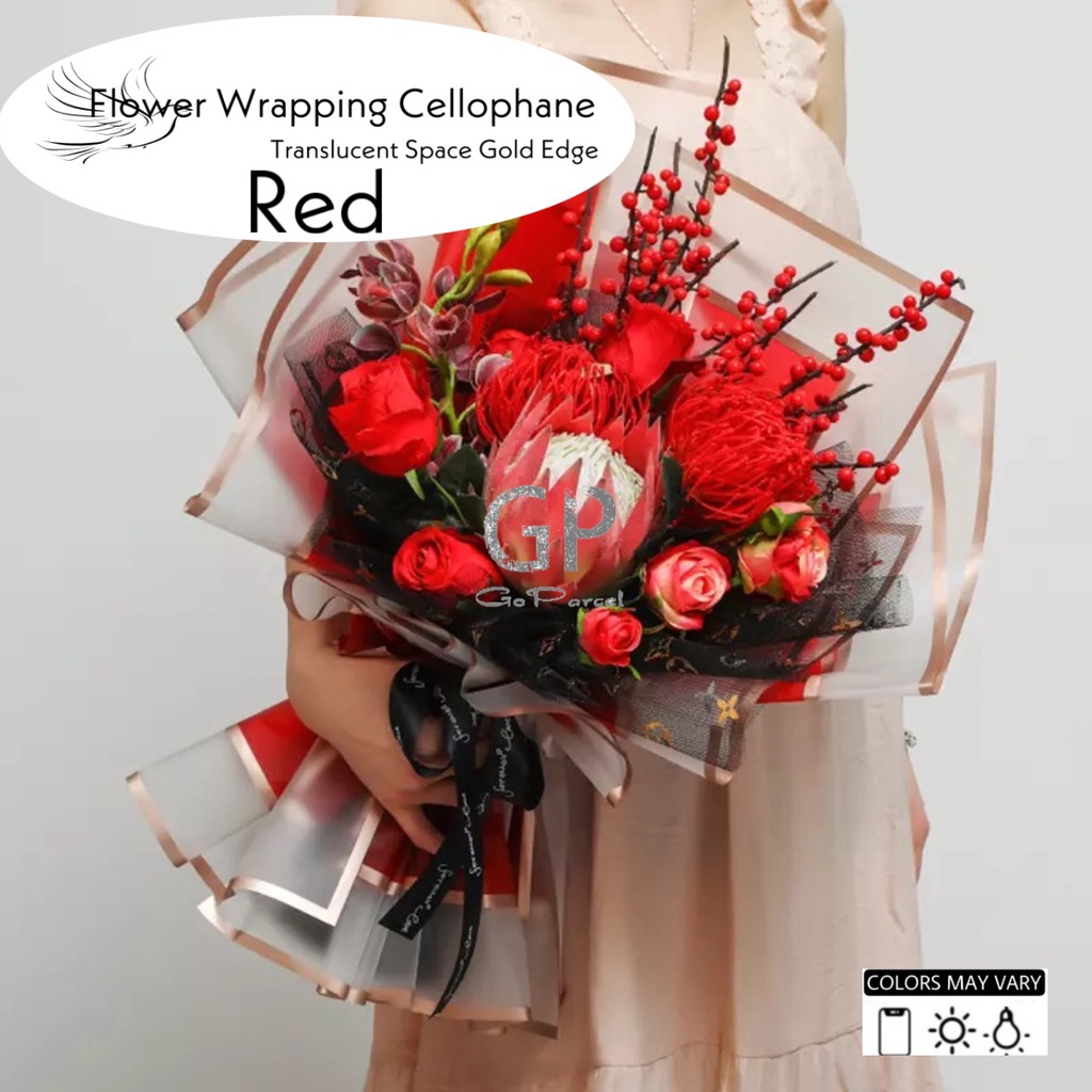 ( 5 Lembar ) TRANSLUCENT SPACE GOLD EDGE - FLOWER WRAPPING PAPER PLASTIC CELLOPHANE GOLD LINE MATTE KERTAS BUNGA TRANSPARANT KERTAS BUNGA BOUQUET BUKET FLORIST