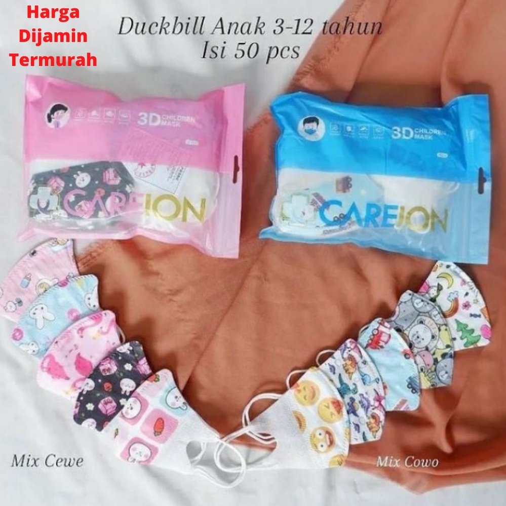 (EA)-Masker Duckbill Anak Isi 50pcs 3Ply Kids Duckbill Motif 3-12Tahun Harga Termurah