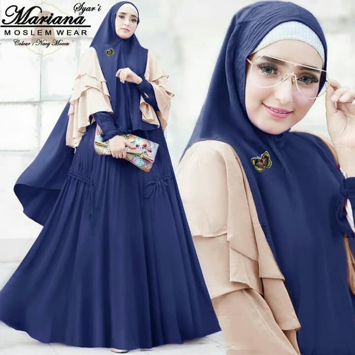 NISSA SABYAN  Gamis Kebaya Pesta Mariana Jumbo Navy Ori, Baju Pesta Gamis Brukat - Putih