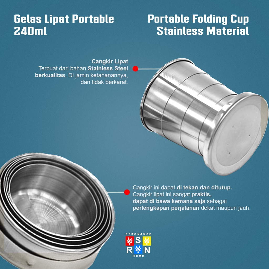Cangkir Lipat Stainless Portable 240ml / Stainless Folding Cup Resonance Home