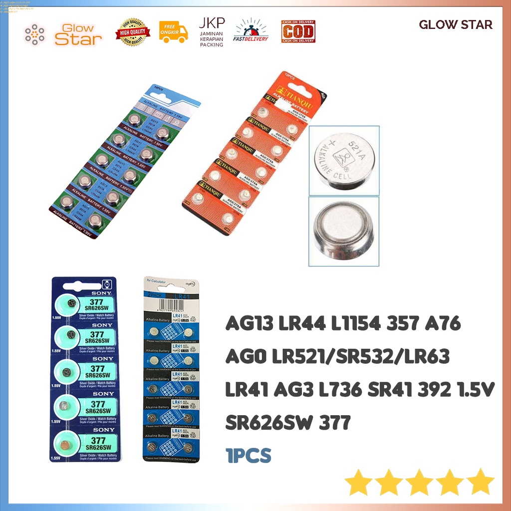 Baterai  Batrai Kancing Lithium AG13 LR44 L1154 357 A76 AG0 LR521/SR532/LR63 1.55V LR41 AG3 L736 SR41 392 Sony 377 SR626SW AG10 LR1130