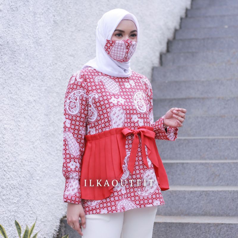 ILKABATIK Natasha Blouse Batik Merah Putih Agustusan Cantik Wanita Kombinasi Seragam Kantor