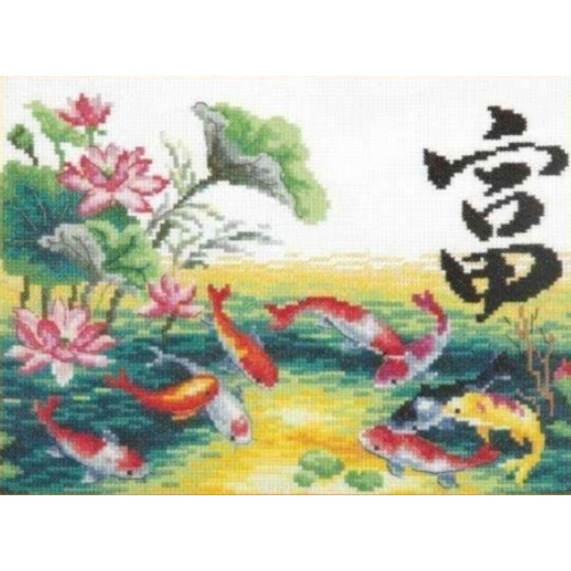 paket kristik 9 ikan koi dan bunga kaligrafi mandarin cross stitch 14ct fishes nine koi