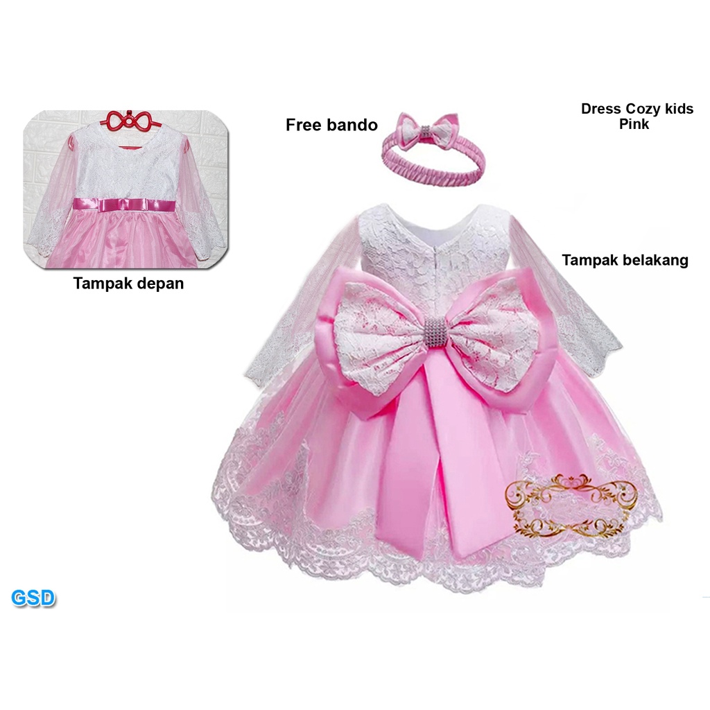 Dress Cozy Kids/Gaun Pesta Anak Lengan Panjang Sale!!!/Gratis Bando/Baju Pesta Anak Best Seller