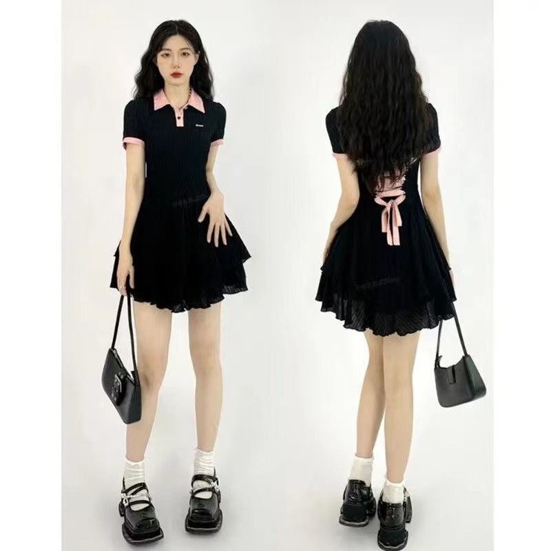 Hot girl dress perempuan polo kerah musim panas desain niche rasa pinggang ramping gaya Korea rok pe